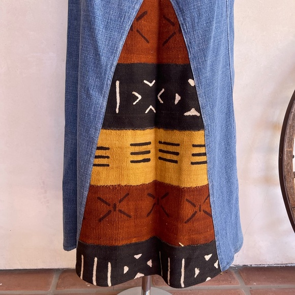 CUSTOM DENIM MAXI SKIRT Hand Made in South Africa Painted Woven Tribal Fabric 5 - Picture 8 of 12